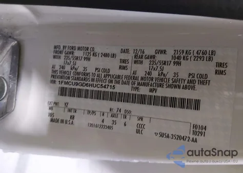 2017 Ford Escape Se z USA, uszkodzony, nr VIN 1FMCU9GD6HUC54715